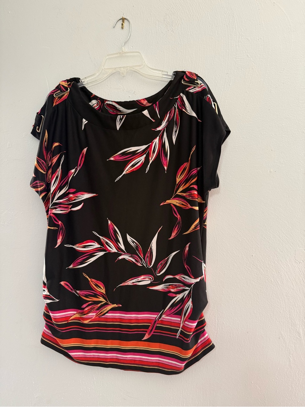PerSeption Concept Black Short Sleeve Blouse with Pink & Orange Leaf Print